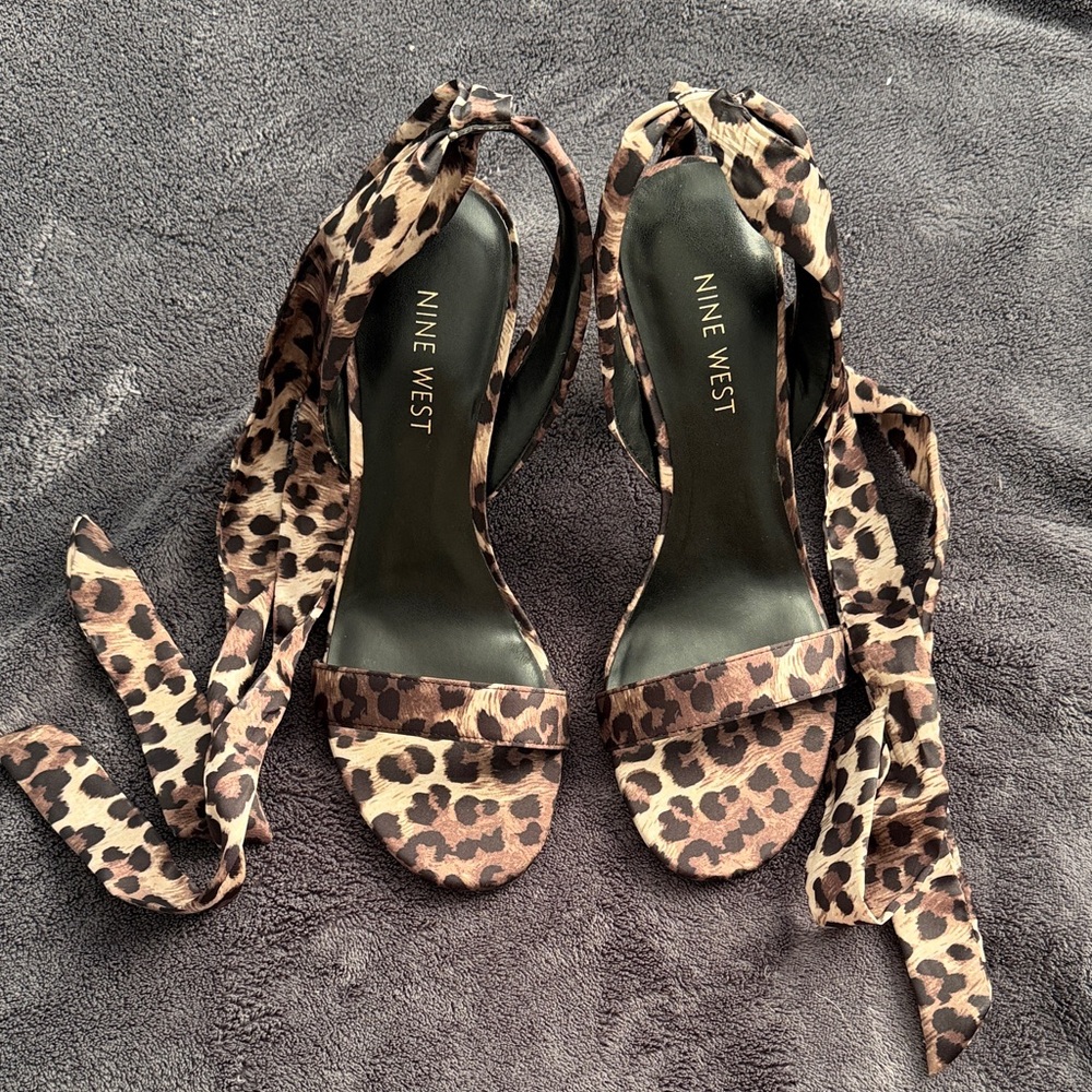 Nine West Leopard Print Wrap-Ankle Heeled Sandals - Brown/Black Size 6.